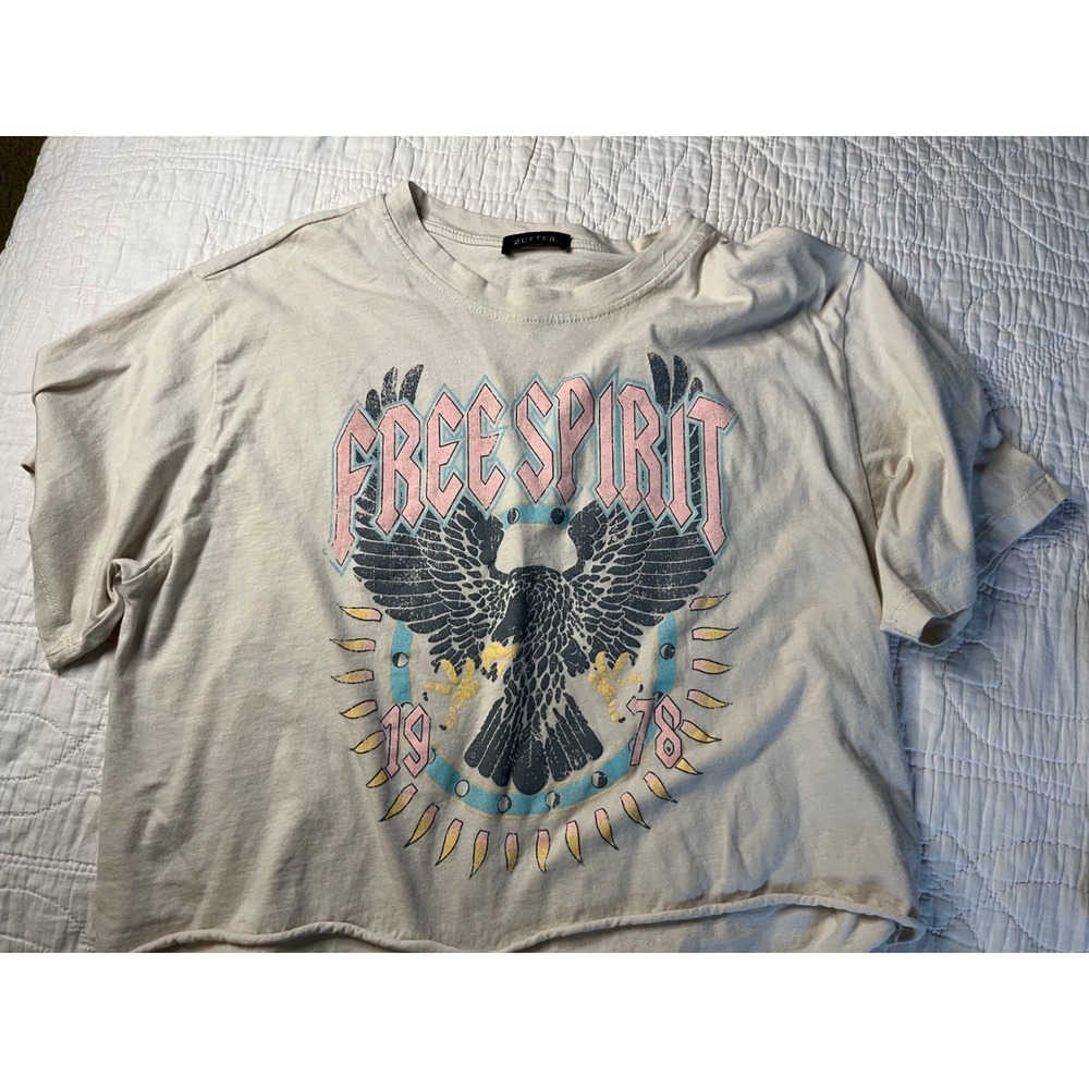 Zutter Free Spirit Graphic Tee Cream Eagle Rocker Cropped T-Shirt Size L
